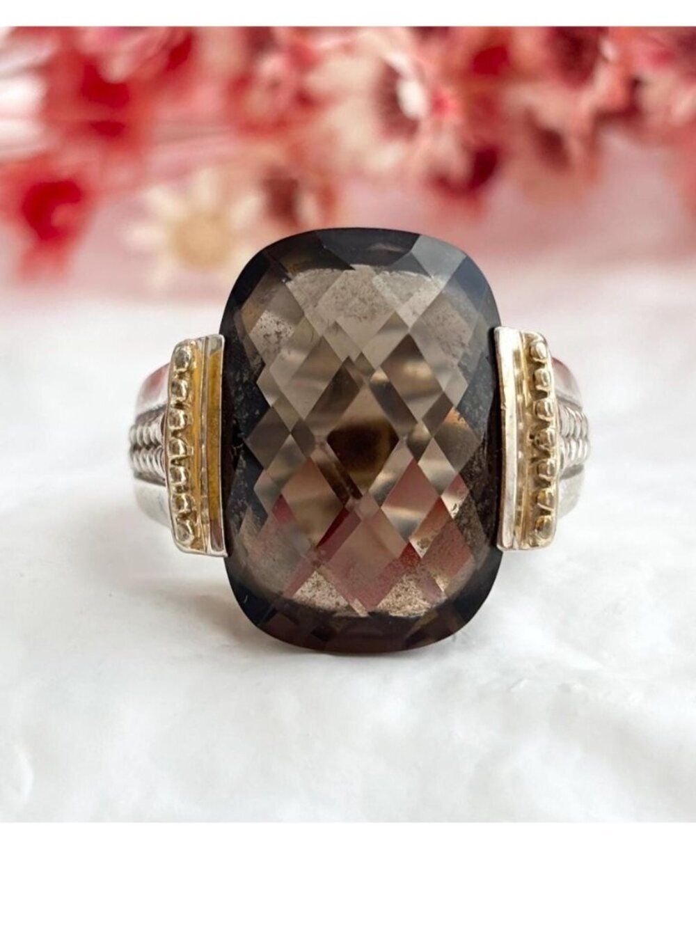 Smoky Quartz Faceted Gemstone Minimalist Sterling Silver 925 Vintage Ring - sz 9